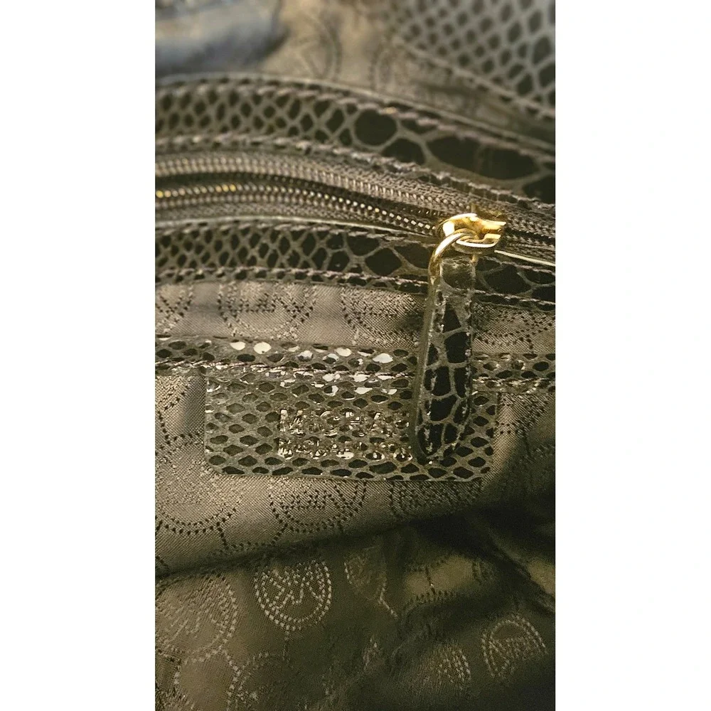 Michael Kors Bedford Black Snake Embossed Leather Crossbody Bag Gold Hardware